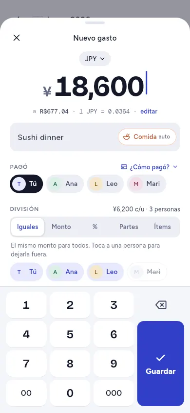 Una cena de ¥18.600 dividida en partes iguales entre tres amigos