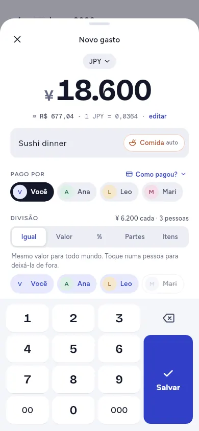 Um jantar de ¥ 18.600 dividido igualmente entre três amigos